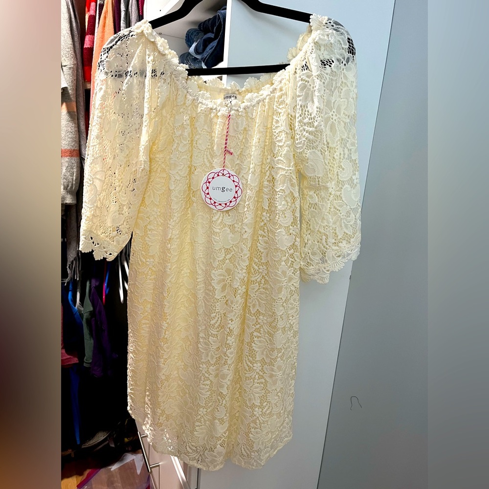 Off the shoulder lace, cream dress